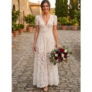 Helsi Clara Puff-Sleeve Sheer Floral Appliqué Maxi Dress Sz Medium NWT